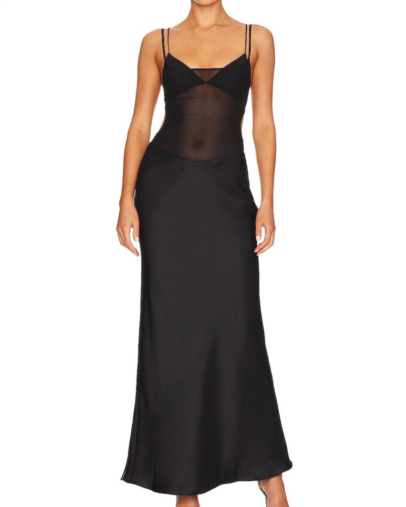 Front of a model wearing a size L Lindsay Cutout Gown In Black in Black by BEC + BRIDGE. | dia_product_style_image_id:346391
